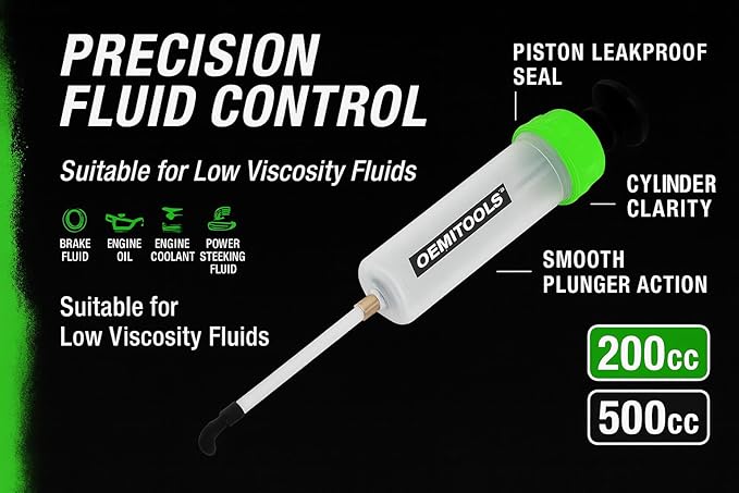OEMTOOLS 200cc Small Fluid Extractor and Filler Pump – Precision Vacuum Pump for Brake Fluid, Power Steering, Coolant, and Small Oil Jobs – Dual-Scale Cylinder, Extension Tubes, Serviceable Design