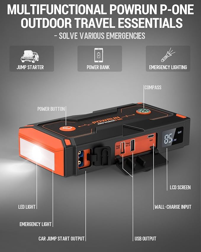 Powrun P-ONE Jump Starter, 2000A Portable Jump Box - Car Jump Starter Battery Pack for up to 8.0L Gas and 6.5L Diesel Engines, 12V Battery Jump Starter with Carry Case (Orange)