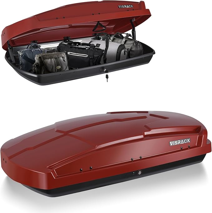 Hard Shell Roof Cargo Box Carrier with Security Keys,Heavy Duty Waterproof Rooftop Storage Box,58.3 L x 35.4 W x 13 H Inches,15.5 Cubic Feet Tool-Free Install,Dual Side Opening,Red