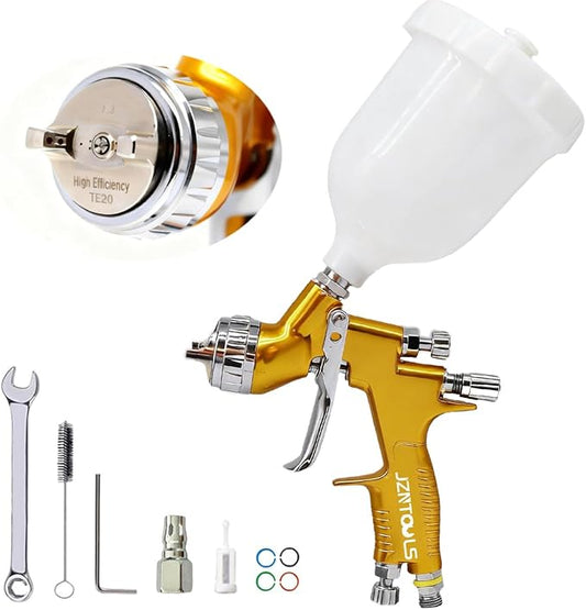 HVLP Spray Gun with 1.3mm Plum Blossom Shape Nozzle, Car Paint Gun Premium Tool Kit，Car & Automotive Paint Gun Sprayer, for Furniture, House Finishing, Varnish and Top Coat (Gold（Plum Blossom Nozzle）)