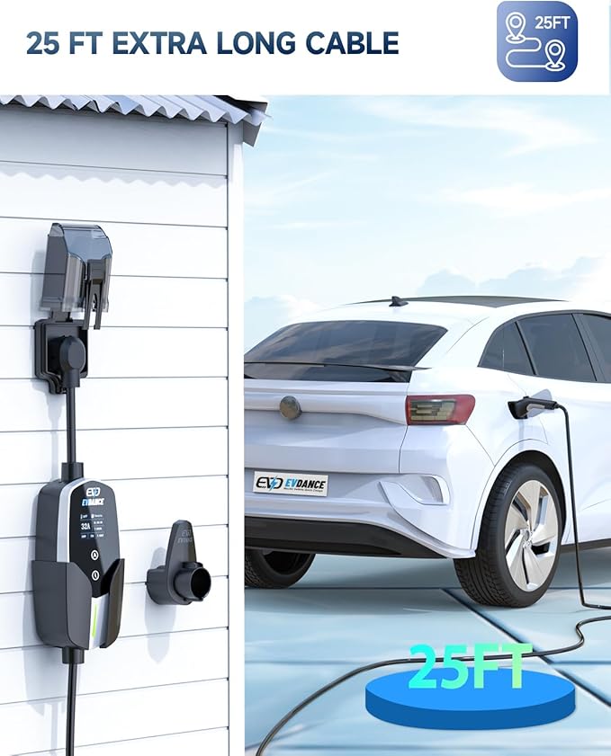 Level 2 EV Charger - Portable 32A EV Chargers NEMA 14-50 with 25ft Cable, Adjustable Current/Delay Charging for Electric Car Charger