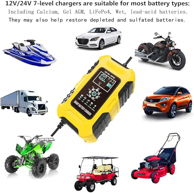 12V/24V 10-Amp Car Battery Quick Charger for Wet/GEL/SLA/LiFePO4/Lead-Acid/AGM Batteries, 7-Stage Multifunctional Battery Charger/Maintainer, for ATVs/Golf Cart/Motorcycle/Automobile/Marine etc
