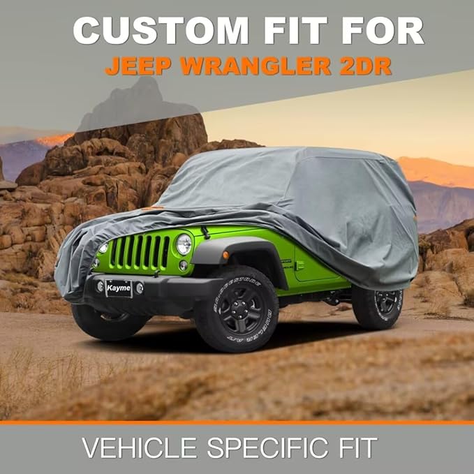 Kayme Heavy Duty Jeep 2dr Car Cover, Custom Fit Jeep Wrangler 2 Door CJ YJ JK JL Waterproof All Weather for Automobiles, Full Car Cover - Sun, Rain & UV Protection