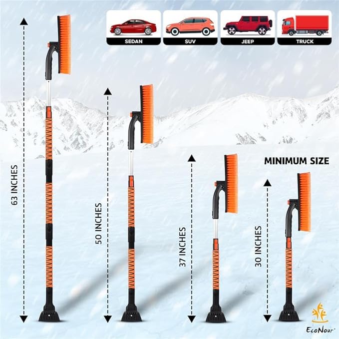 EcoNour 63" Extendable Snow Brush & Ice Scraper with 360° Pivoting Head | Telescopic Aluminum Handle | Extra Long Snow Brush for Car Windshield, Roof & SUVs | Heavy Duty Ice Scraper for Trucks
