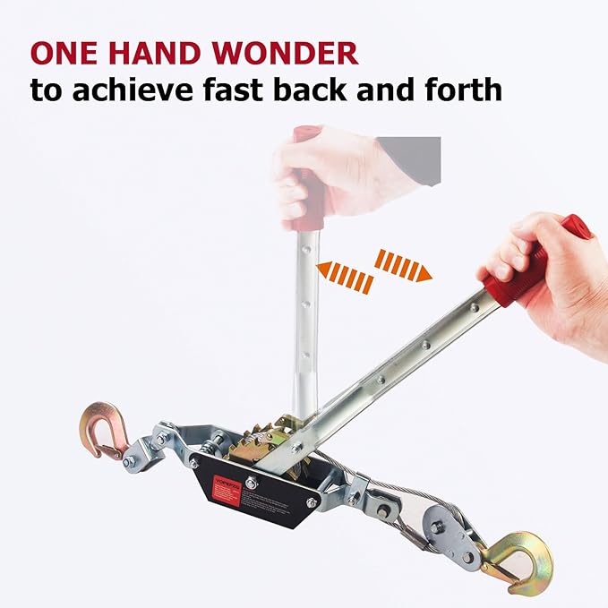 Come Along Winch,2 Ton Capacity with 12FT Steel Cable,Heavy Duty Come Along Tool with Dual Gears,2 Hooks,Hand Winch Tool for Road Vehicle Recovery and Pulling Tree,Fence Stretcher,Frame