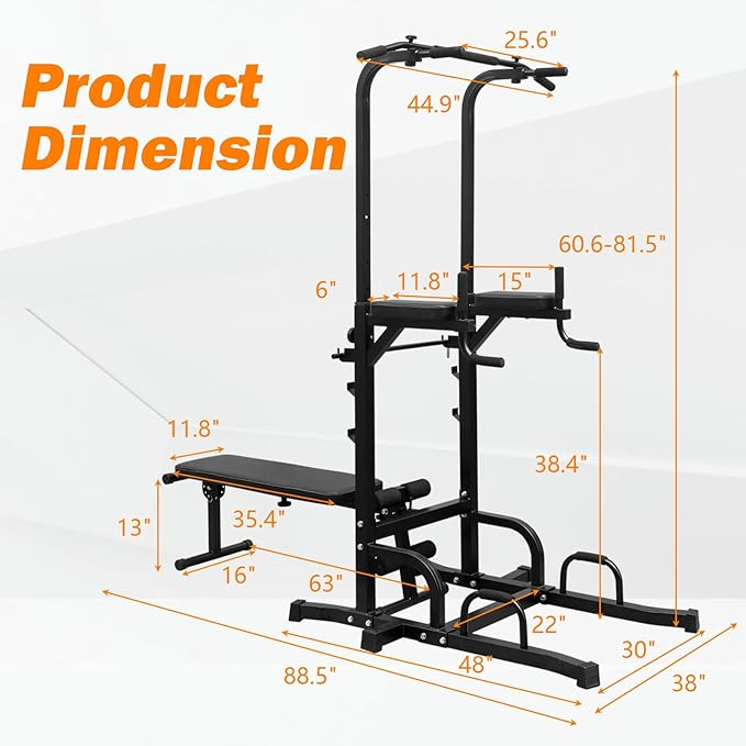 Pull Up Bar Station Adjustable Power Tower for Home Gym Strength Training Dip Stands with Bench