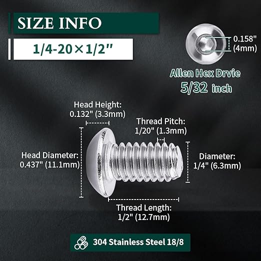 1/4-20 x 1/2" Button Head Socket Cap Bolts Screws, 304 Stainless Steel 18-8, Allen Hex Drive, Bright Finish, Fully Machine Thread, Pack of 50