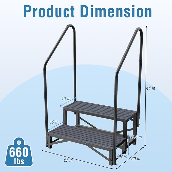 RV Steps with Handrail, 2 Steps RV Stair, Mobile Home Stairs for Camper, Trailer, hot tub, Steps with Non-Slip mat, 660lbs Capacity