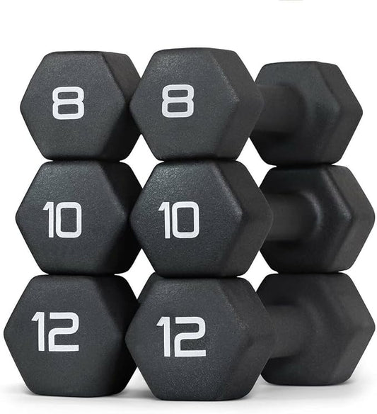 WF Athletic Supply Black Neoprene Dumbbell Set, Non-Slip & Hex Shape, Great for Muscle Toning, Strength Building & Weight Loss; Sizes, Dumbbells Only & w/Rack Options Available