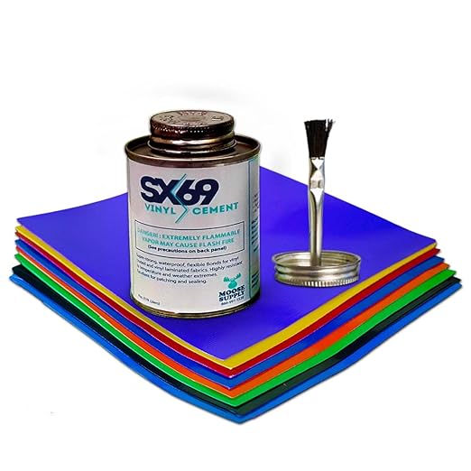SX-69 Vinyl Repair Kit, Includes 4oz Adhesive Cement and 9 8-Inch Square Patches, for Repairing Inflatables, Waterproof, Tears, Punctures, Holes