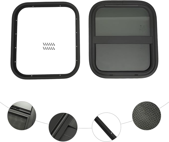 RV Window, 14" X 16" Universal RV Window Vertical Slide W/Trim Ring, Vertical Sliding Glass Window with Screen Window for Cargo, Horse Trailer, Marine Camper Window Replacement (14”x16”)