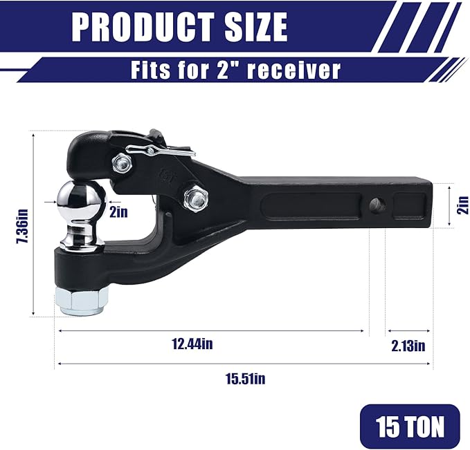Jextra Pintle Hitch 15 ton with 2 Inch Hitch Ball Suitable for 2 Inch Pintle Hitch Receiver and Hitch Receiver Pin Lock Black Powder Coat 33000LB