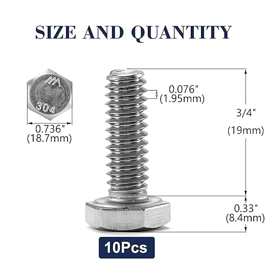 1/2-13 x 3/4" Hex Head Screw Bolt, 10Pcs 18-8 (304) Stainless Steel, Fully Threaded, Plain Finish, by SG TZH
