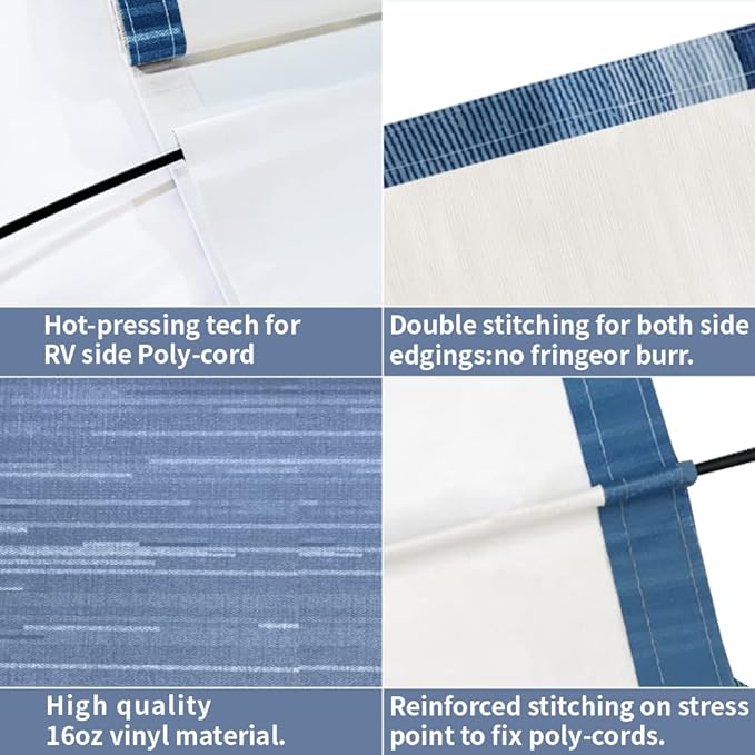 Suncode Manual RV Awning White Modular Retractable Awning Complete Kit for RV,5th Wheel,Travel Trailers,Toy Haulers,Motorhome RV Trailer Awning for Home or Camper-17x8Ft-Blue Strip