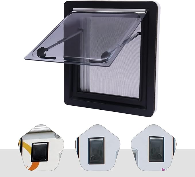 450 × 500 mm(17.72×19.69In) RV Caravan Camper Windows Replacement, Top Hinged Push Out Window Trailer External Push Window RV Trailer Vent Hatch Skylight