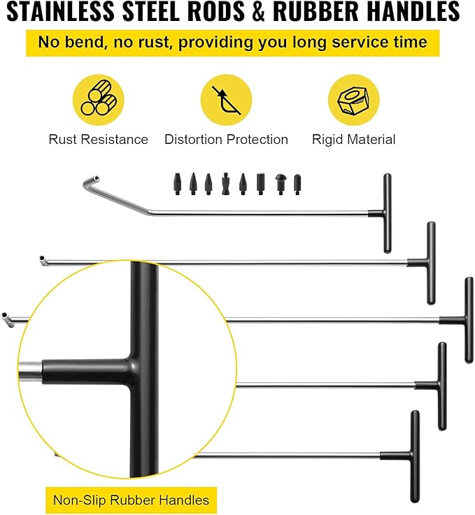 VEVOR Rods Dent Removal Kit, 13 Pcs Paintless Dent Repair Rods, Stainless Steel Dent Rods, Whale Tail Dent Repair Tools, Professional Hail Dent Removal Tool For Minor Dents, Door Dings And Hail Damage