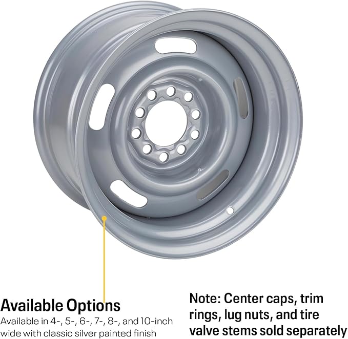 Speedway Motors 15x6 GM Rally Dual Pattern Steel Wheel, Silver Painted Finish, Fits 5x4.5 and 5x4.75 Bolt Circles, Clears Most 11 Inch Disc and Factory Drum Brake Setups