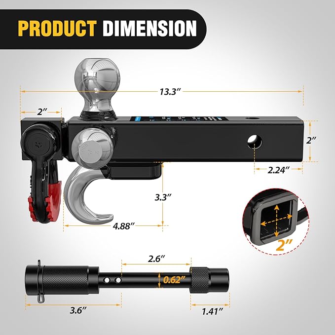Nilight Trailer Hitch Tri-Ball Mount with Hook and Rotatable Tow Anti-Theft 3/4” Shackle Fits for 2inch Receiver Ball Size 1-7/8” 2” 2-5/16” GTW from 5000lbs to 10000lbs for RV SUV ATV Truck