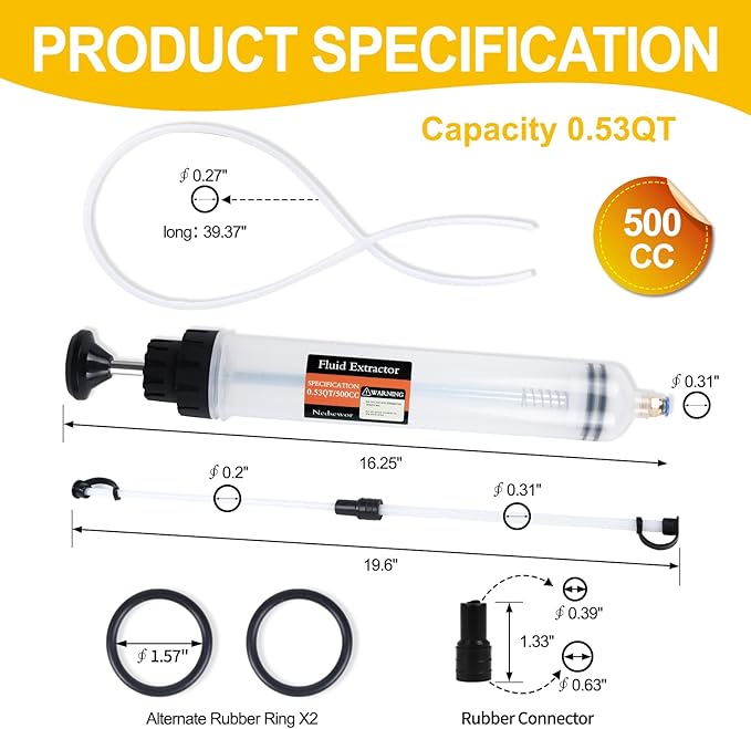 500CC Automotive Fluid Extractor with 39'' Long Hose & ExtensionTubes, Portable Oil Extractor Pump for Oil Change, Large Fluid Pump with Clear Scale & Transparent Body for DIY Maintenance