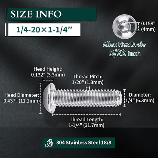 1/4-20 x 1-1/4" Button Head Socket Cap Bolts Screws, 304 Stainless Steel 18-8, Allen Hex Drive, Bright Finish, Fully Machine Thread, Pack of 25