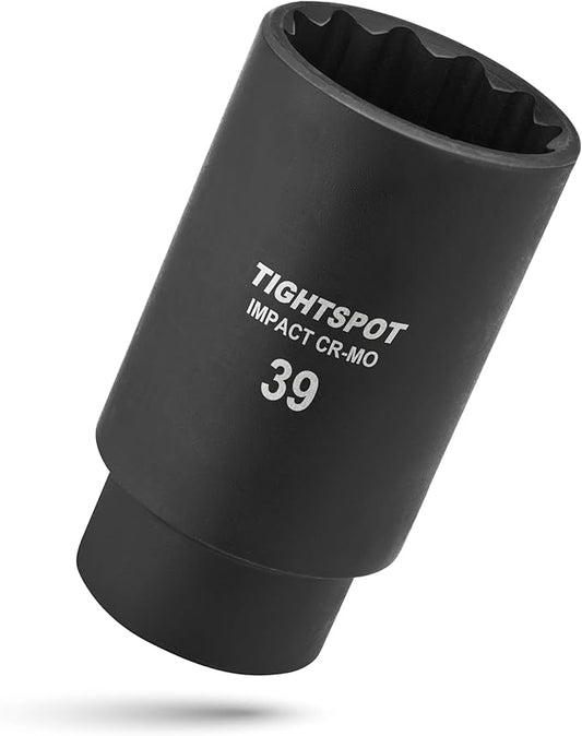 TIGHTSPOT 1/2 Inch Drive - 39 mm Deep Impact Socket with Anti-Rounding 12 Point Design, Heat-Treated CRMO Steel, Metric