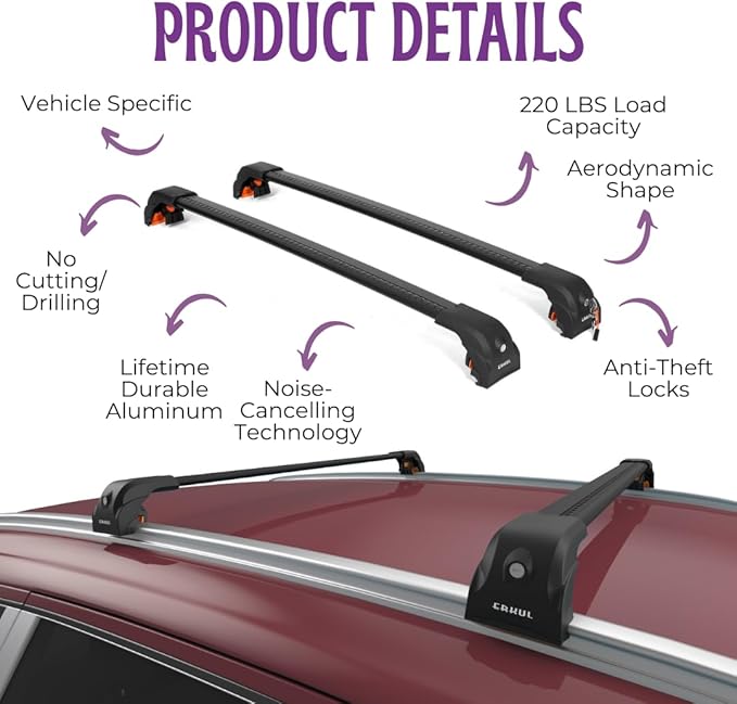 ERKUL Heavy Duty Roof Rack Cross Bars for Volvo XC90 2016-2026 | Upgraded 220 lbs Aero Aluminum Crossbars with Smart Clamp System | Compatible with Flush Rails - Black