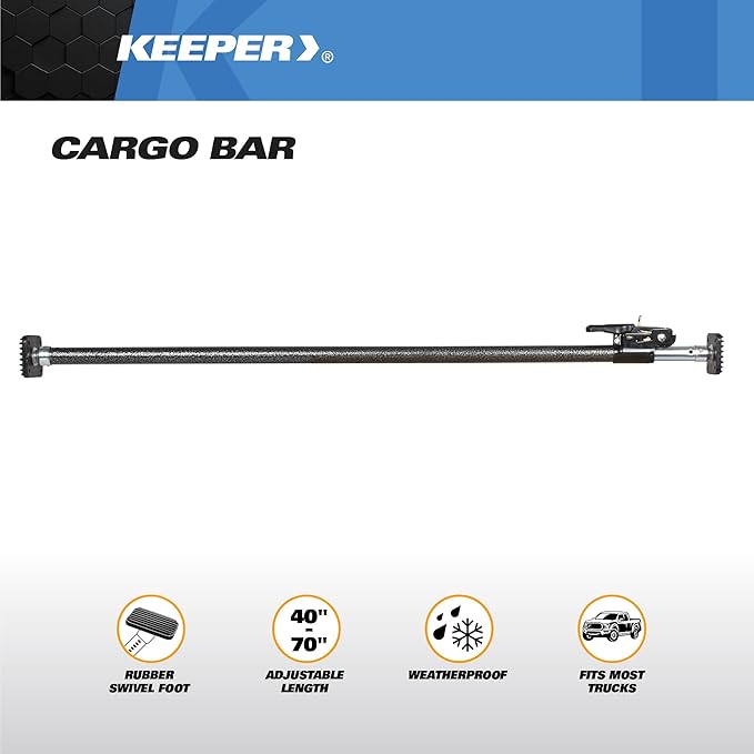 Keeper Adjustable Cargo Bar for Pickup Truck Bed, Ratcheting Cargo Bar, Ideal Work Truck Accessories, Black/Silver, 40"-70" Adjustable Length