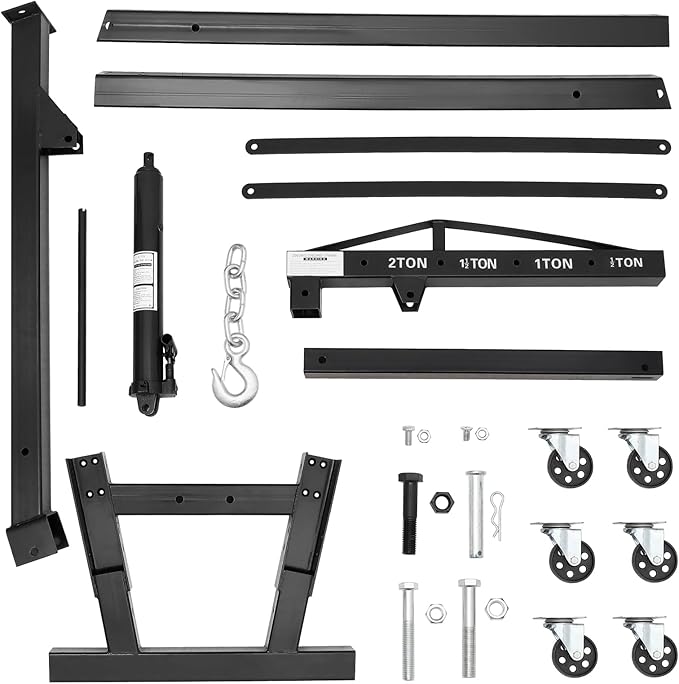 2-Ton Folding Engine Hoist Cherry Picker 4400 Lb Capacity Hydraulic Shop Crane with Telescoping Boom 6 Caster Wheels for Automotive Repair Garage Use Includes Hitch and Storage Stand Black