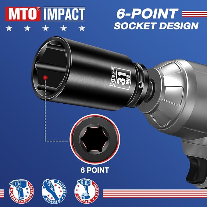 MTO 1/2" Drive 31mm Deep Impact Socket, 6 Pt. Metric Socket, CR-MO Steel & Anti-Corrosion Coating for Heavy-Duty Use