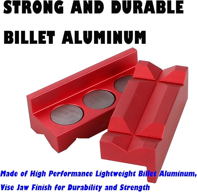 BARTOO Aluminum 4" Vise Jaws Pads, Magnetic Reversible Pipe Vise, AN Fitting Vice Jaw Covers, Professional Grade Multi-Purpose Vise Jaw Protective Inserts for Any Metal Bench Vice (4", Red)