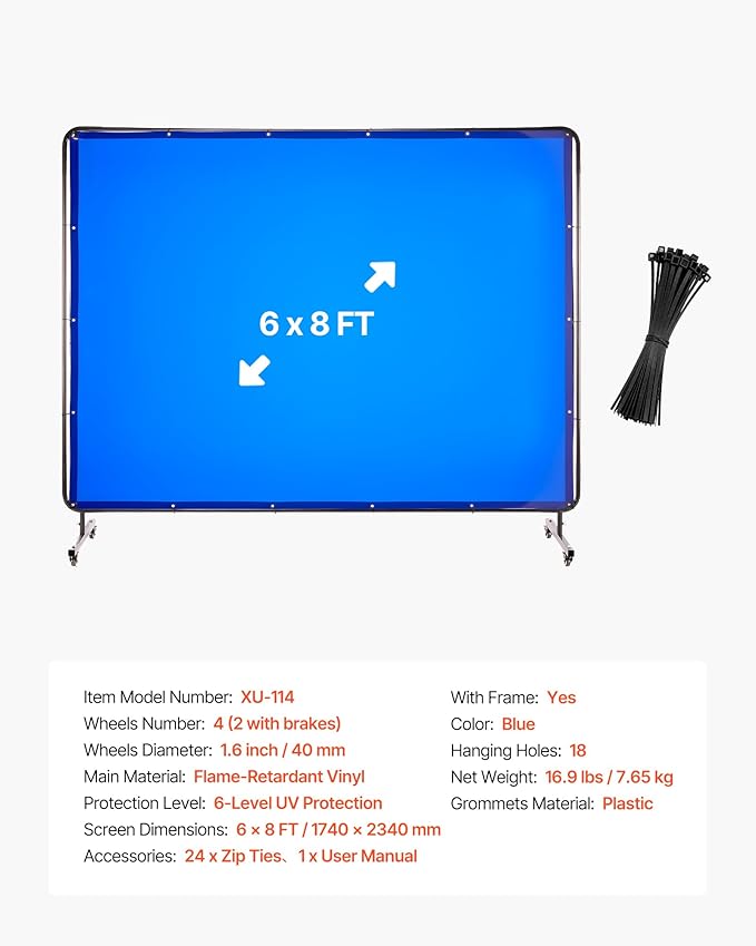 VEVOR Welding Screen with Frame, 6 x 8 FT Welding Curtain Screen, Flame-Resistant Vinyl Safety Protection Screens with Lockable Swivel Wheels & 6-Level UV Protection for Workshop/Industrial Use, Blue
