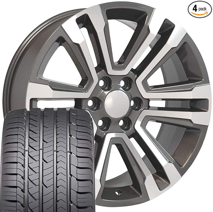 OE WHEELS CV44 22x9 Denali Style Wheels - Gloss Gunmetal 22 Inch Rims Set of 4, 6x139.7 Wheels - Optional TPMS & 285/45R22 Tires and Rims Packages - Fits GM Trucks & SUVs (Eagle Sport AS)