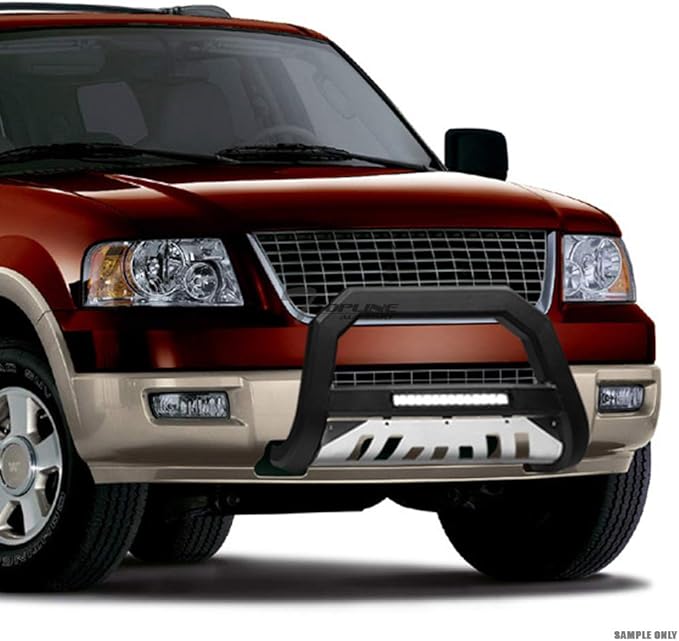 Matte Black AVT Style Aluminum LED Light Bull Bar Brush Push Front Bumper Grill Grille Guard with Stainless Skid Plate Compatible with 07-09 Jeep Wrangler JK