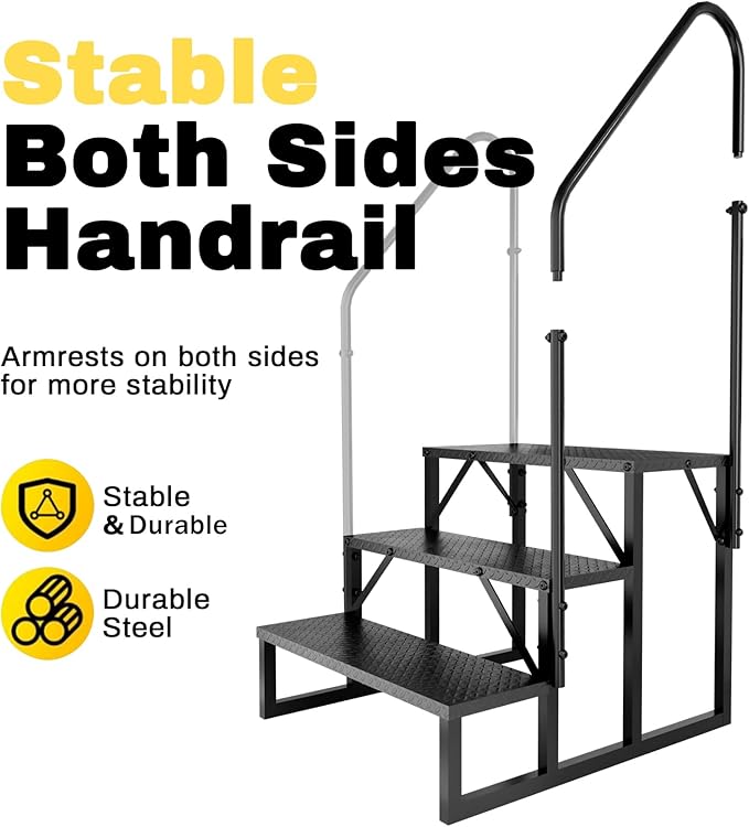 RV Steps with 2 Handrails, Hot Tub Steps Outdoor, 3 Step Ladder Stool, RV Stairs with Anti-Slip Panel, Camper Steps for Spa, Travel Trailers, Pool and Porch