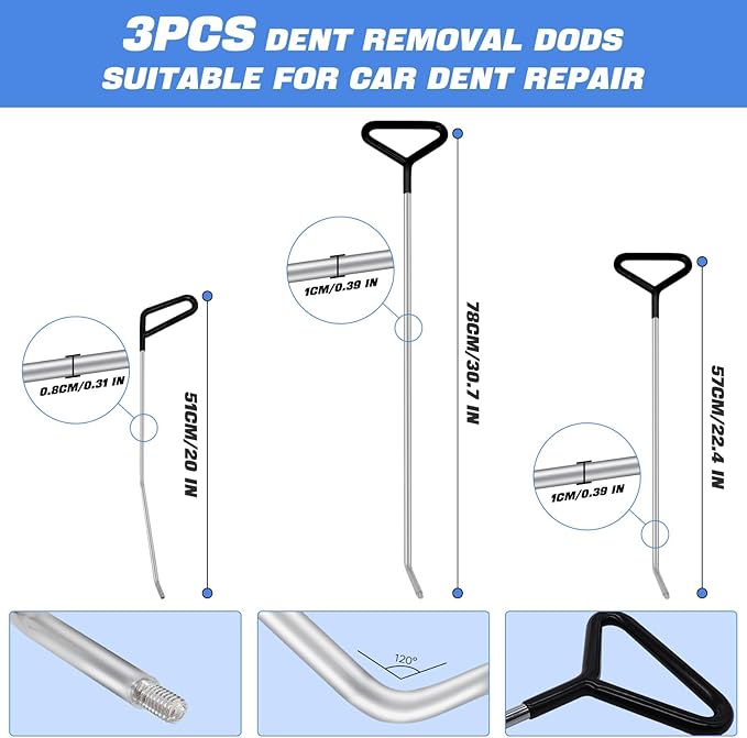 Car Dent Removal Rod Tools,Paintless Dent Repair Kit with 3 Pcs Stainless Steel Rods and 22Pcs Tips,Dent Repair Rods for Car Dents Door Dings and Hail Damage Removal