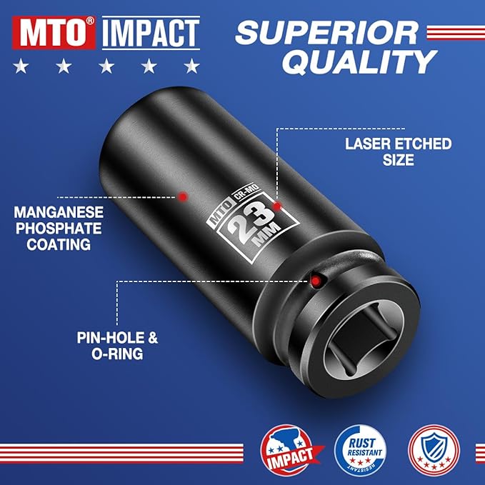 MTO 1/2" Drive 23mm Deep Impact Socket, 6 Pt. Metric Socket, CR-MO Steel & Anti-Corrosion Coating for Heavy-Duty Use