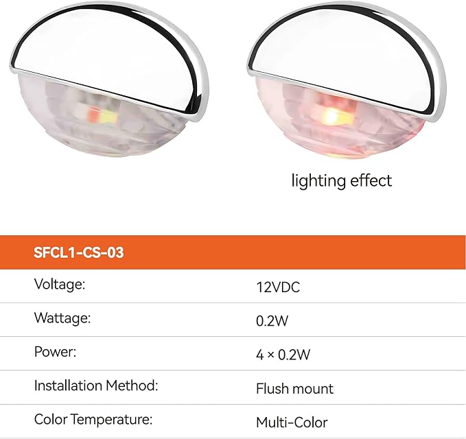 SEAFLO 04 Series LED Oblong Courtesy Light – Multi-Color, 12V, 0.2W, IP67, Flush Mount Step/Deck Accent Light for Boats RVs Caravans, Durable PC Housing, 1.78” x 1.25” x 0.81”, 4-Year Warranty