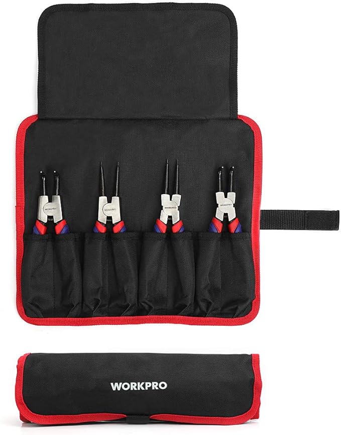 WORKPRO 4-Piece Snap Ring Pliers Set - Heavy Duty 7-inch Internal/External Circlip Pliers Kit (Tip Diameter 5/64'')-Straight/Bent Jaw - Cr-V Steel - For Ring Remover Retaining- Storage Pouch Included
