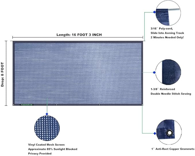 Tentproinc RV Awning Sunshade Screen 8' X 16' 3''(fit for 17' Awning) Mesh Sun Shade for RV Awning Screenshade Motorhome Camping Trailer Awning Sunscreen Block UV Glare - 3 Year Warranty (Navy Blue)