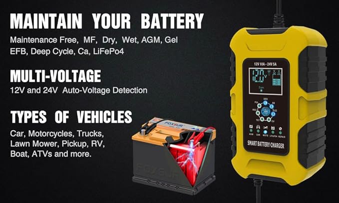 12V/24V 10-Amp Car Battery Quick Charger for Wet/GEL/SLA/LiFePO4/Lead-Acid/AGM Batteries, 7-Stage Multifunctional Battery Charger/Maintainer, for ATVs/Golf Cart/Motorcycle/Automobile/Marine etc