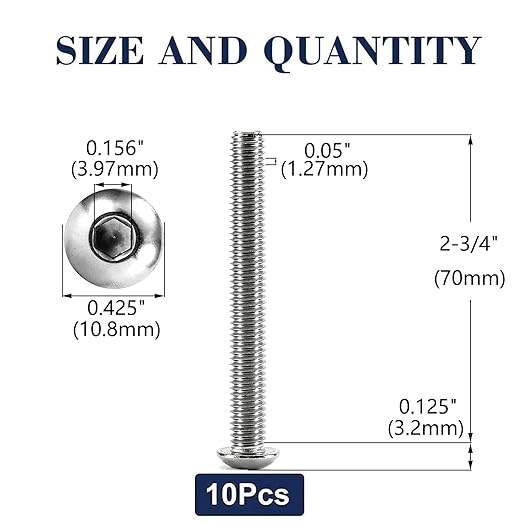 1/4-20 x 2-3/4" Button Head Socket Cap Bolts Screws, 10Pcs 304 Stainless Steel 18-8, Allen Hex Drive, Bright Finish by SG TZH(with Hex Spanner)