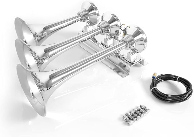 12V/24V Universal Truck Air Horn Kit, 16.5" Big Chrome Train Horn with 150dB Loud Sound, 3 Trumpet Horns for Car, Boat, Truck