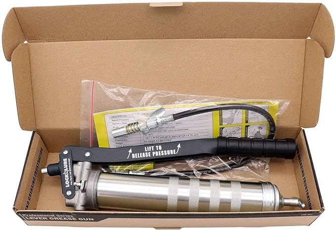 LockNLube Professional Series Lever Grease Gun. Includes Our Patented Grease Coupler (Locks on, Stays on, Won't Leak!) Plus a 20" Hose and in-line Hose Swivel.