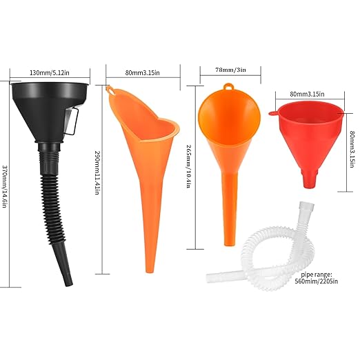 4 Pcs Automotive Funnels Set, Wide Mouth Fuel Funnel, Plastic Long Neck Oil Funnel, Flexible Right Angle Funnels, with Detachable Spout and Filter for Water/Gasoline/Coolant/Engine Oil