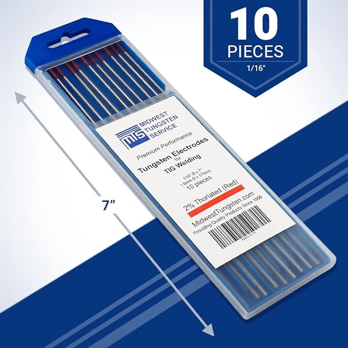 Midwest Tungsten Service TIG Welding Tungsten Electrodes 10-Pack (Red - 2% Thoriated Tungsten (WT20/EWTh-2), 1/16")
