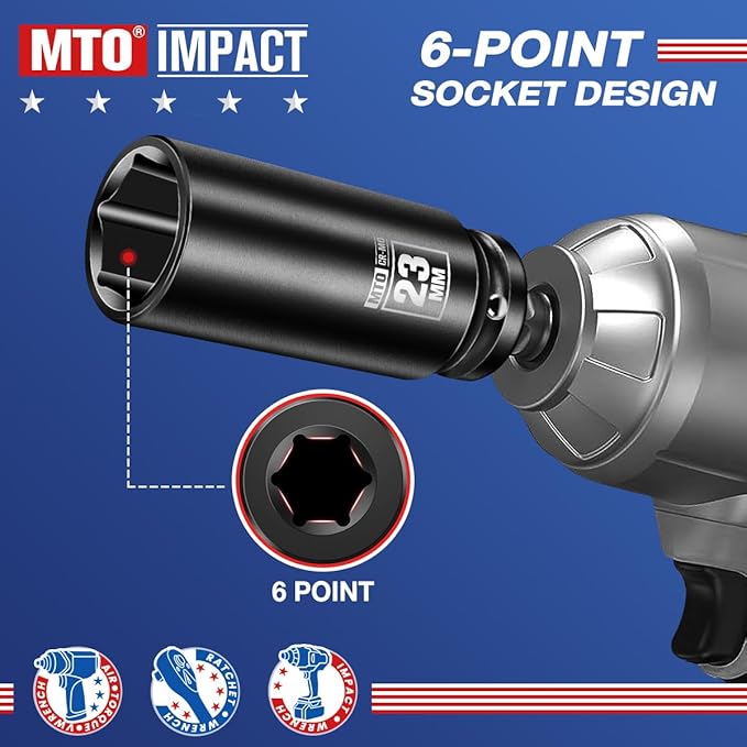 MTO 1/2" Drive 23mm Deep Impact Socket, 6 Pt. Metric Socket, CR-MO Steel & Anti-Corrosion Coating for Heavy-Duty Use