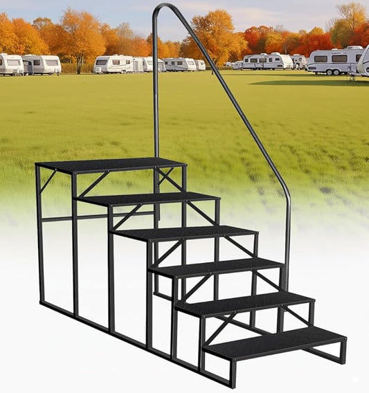 RV Steps with Handrail, 6 Step RV Stairs 660lbs Load Capacity, Heavy Duty Camper Steps with Wide & Anti-Slip Platform, Portable Outdoor Metal Entry Stairs for Hot Tub, Mobile Home, Travel Trailers