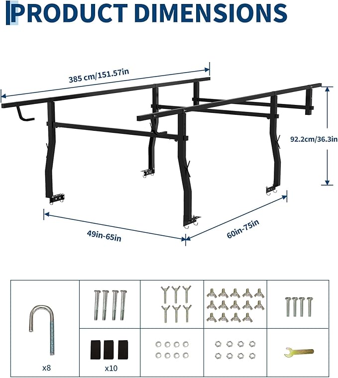 1000 LBS Adjustable Truck Bed Rack, Powder-Coated Steel Over-Cab Rack, 49-65 Inch Width Fit Long Cab/Full Size Trucks, Utility Rack for Ladder, Lumber, Kayak
