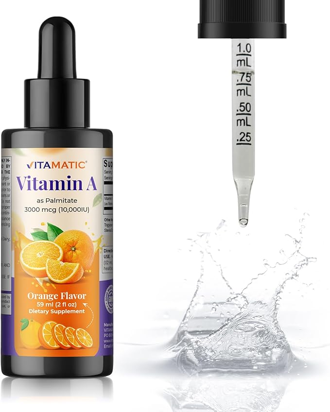 Vitamatic Sugar Free Vitamin A Liquid Drops 10000 IU (3000 mcg) as Retinyl Palmitate - Approximate 4 Months Supply - Immune Support, Eye Health, Skin Health - 2 FL OZ (59 ml)