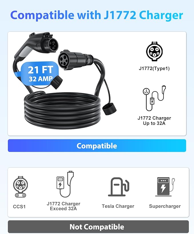 J1772 Extension Cable, EV Charger Extension Cord 32A 21FT Charging Cable for Electric Vehicle 110V-240V Compatible for All SAE J1772 Chargers (32A - 21FT)
